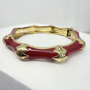 Enamel Bamboo Bangle Bracelet Vintage Red Hinged Chunky Gold Tone